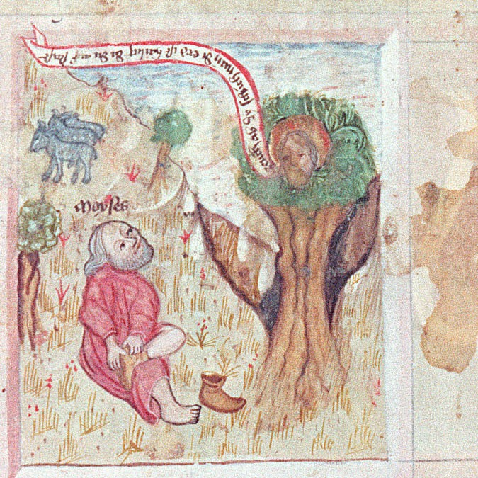 God speaks to Moses from the burning bush, from a 15th-c. Biblia Pauperum (or Armenbibel) in German, HMML 27145; Steiermaerkisches Landesarchiv Cod. 3 (5)